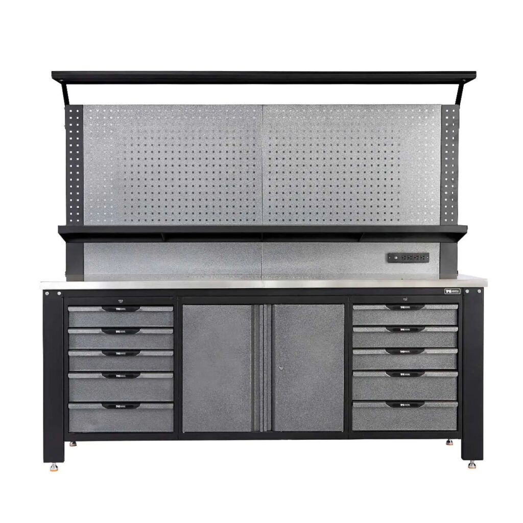 7 ft steel workbench with pegboard
