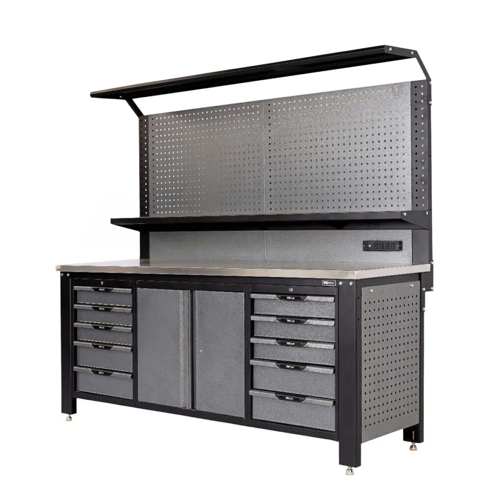7 ft steel workbench with pegboard