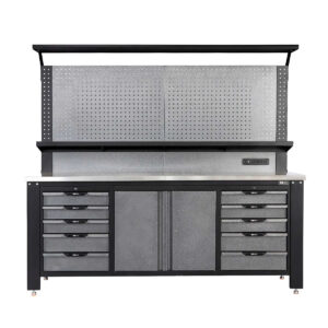 7 ft steel workbench with pegboard