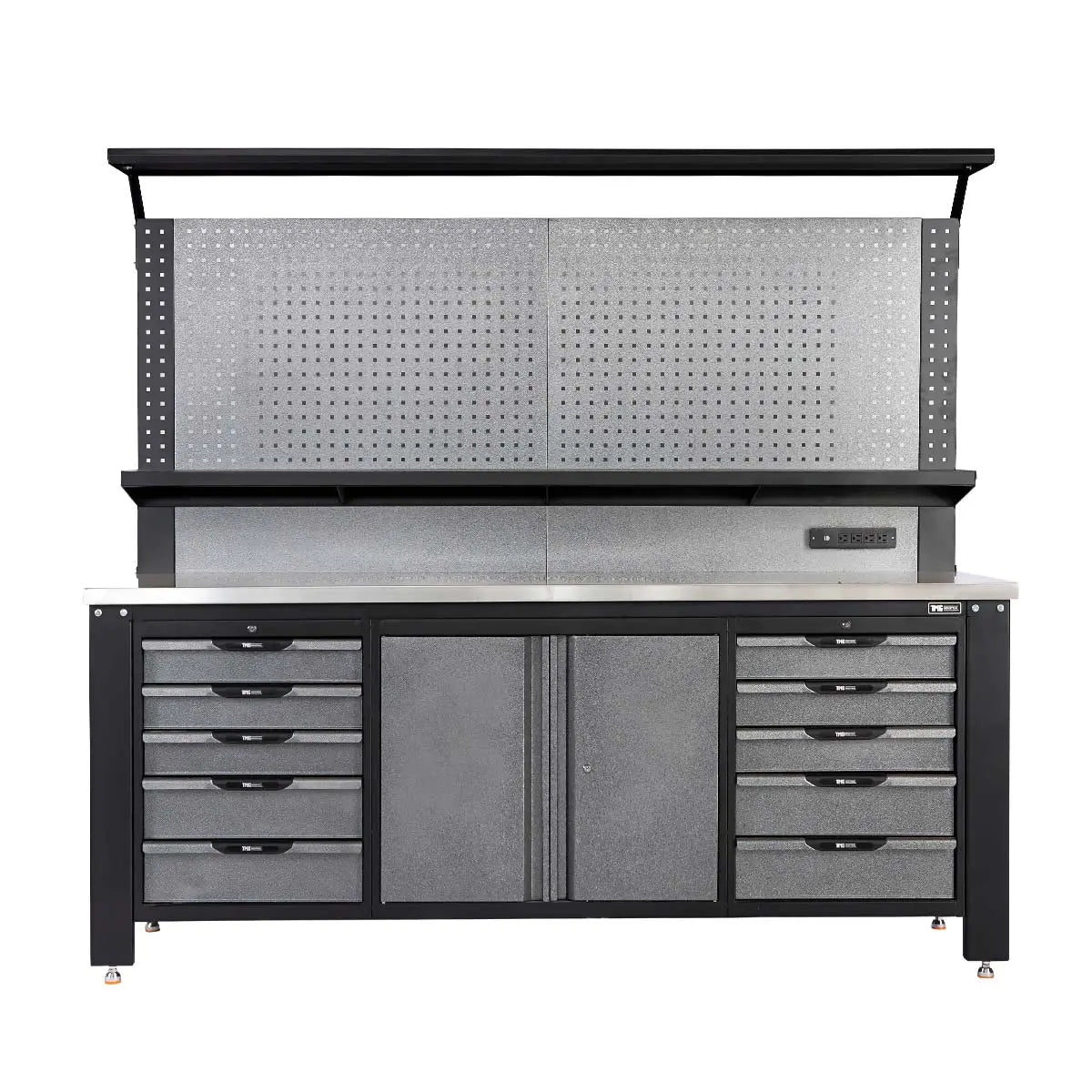 7 ft steel workbench with pegboard